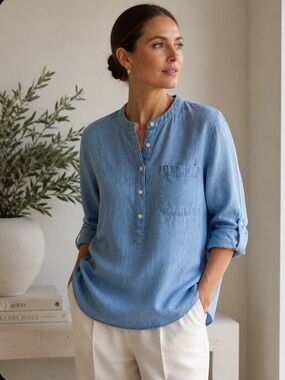 LOFT Light Blue Chambray Pullover Henley Tunic